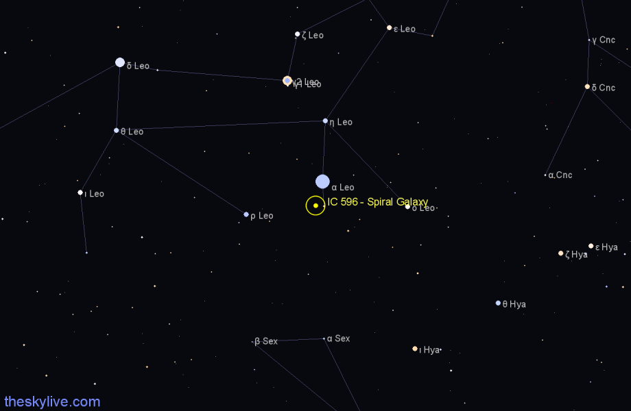 Finder chart IC 596 - Spiral Galaxy in Leo star