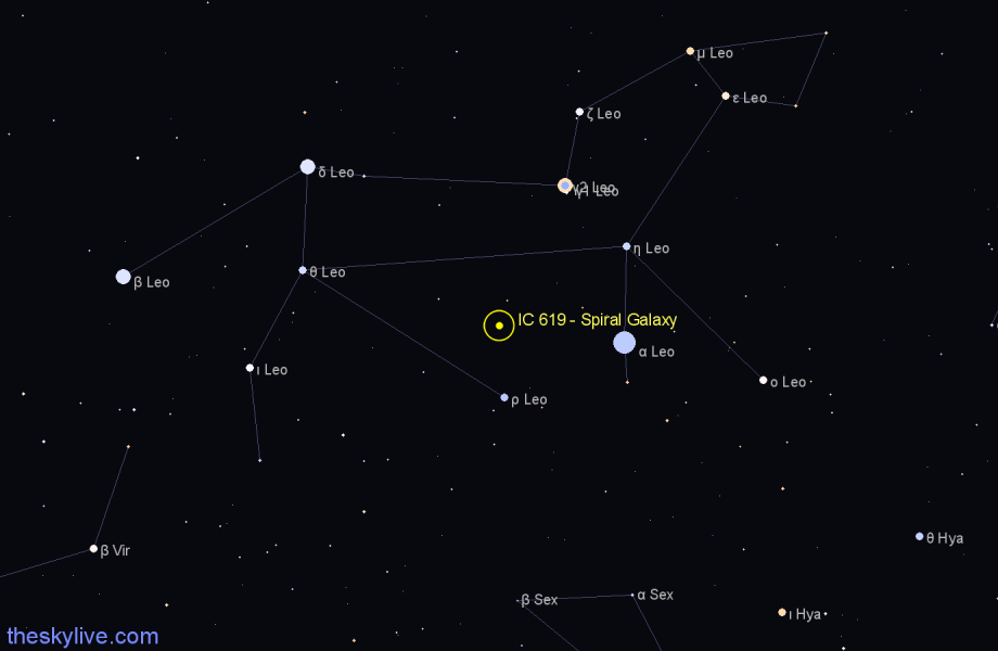 Finder chart IC 619 - Spiral Galaxy in Leo star
