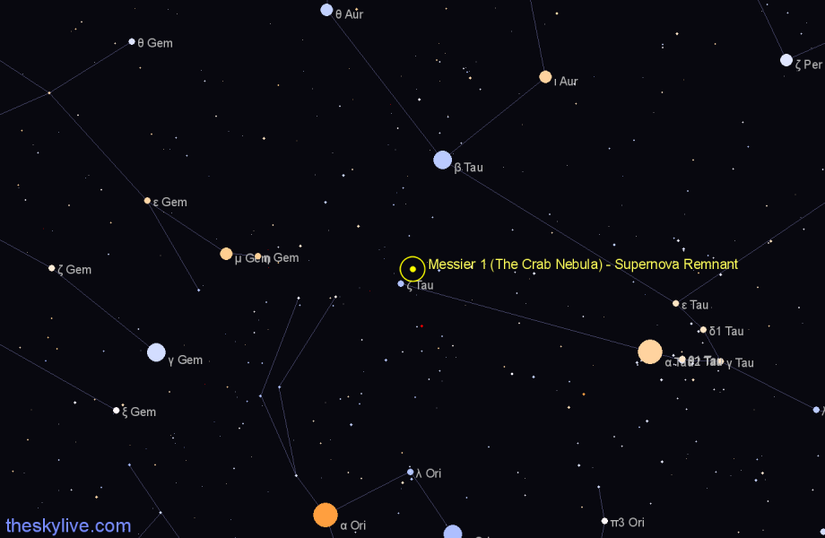 Finder chart Messier 1 (The Crab Nebula) - Supernova Remnant in Taurus star