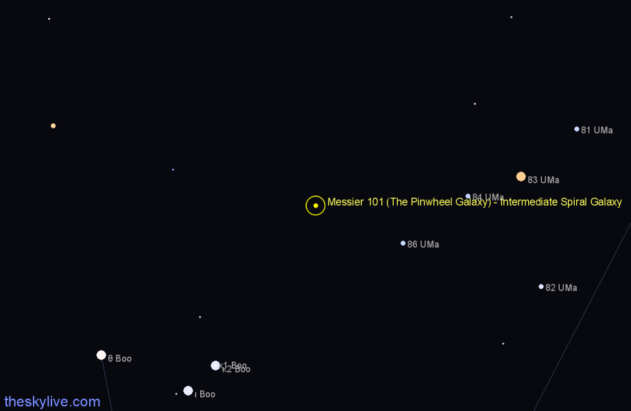 Finder chart Messier 101 (The Pinwheel Galaxy) - Intermediate Spiral Galaxy in Ursa Major star