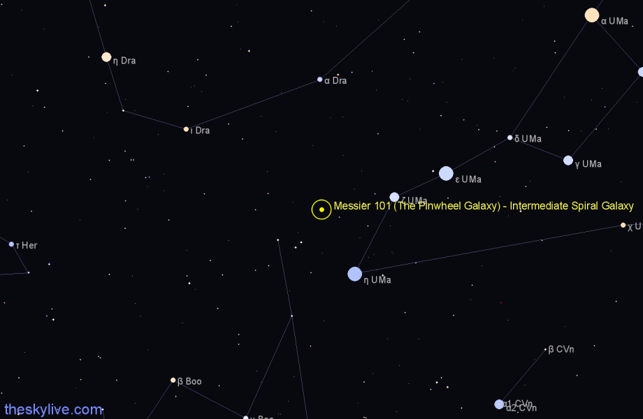 Finder chart Messier 101 (The Pinwheel Galaxy) - Intermediate Spiral Galaxy in Ursa Major star