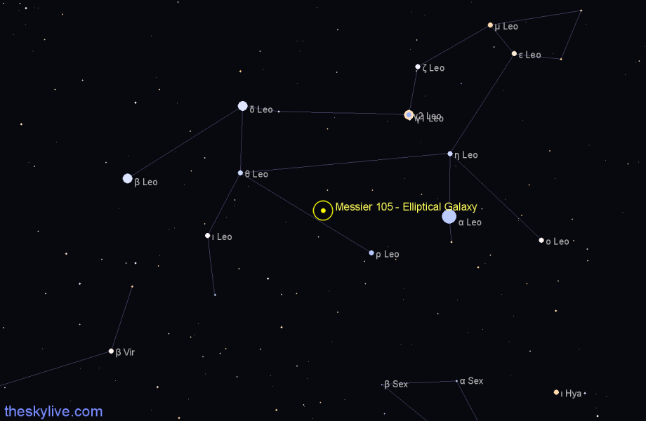 Finder chart Messier 105 - Elliptical Galaxy in Leo star