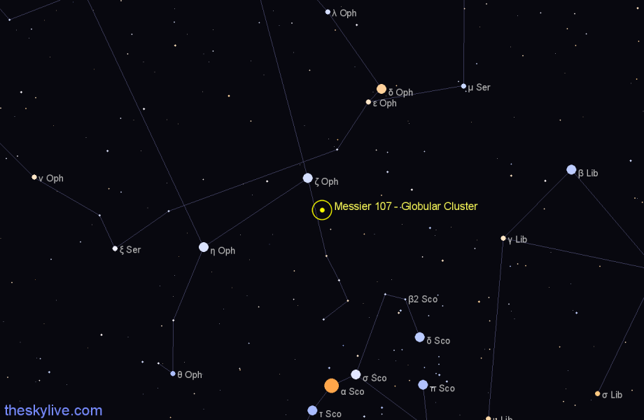 Finder chart Messier 107 - Globular Cluster in Ophiuchus star