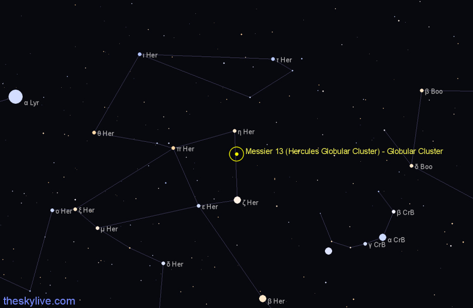 Finder chart Messier 13 (Hercules Globular Cluster) - Globular Cluster in Hercules star