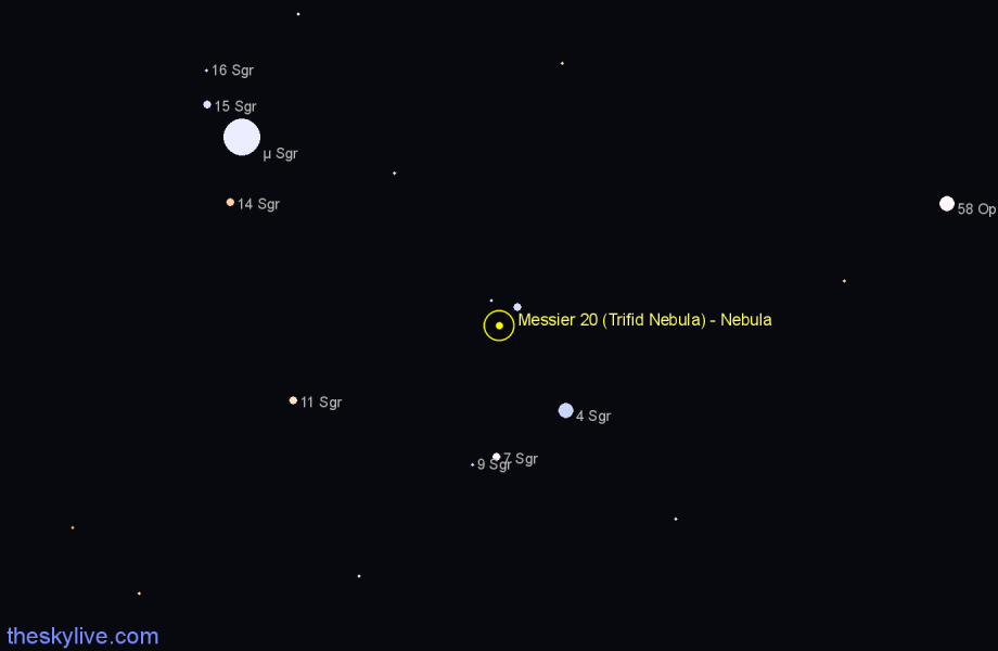 Finder chart Messier 20 (Trifid Nebula) - Nebula in Sagittarius star