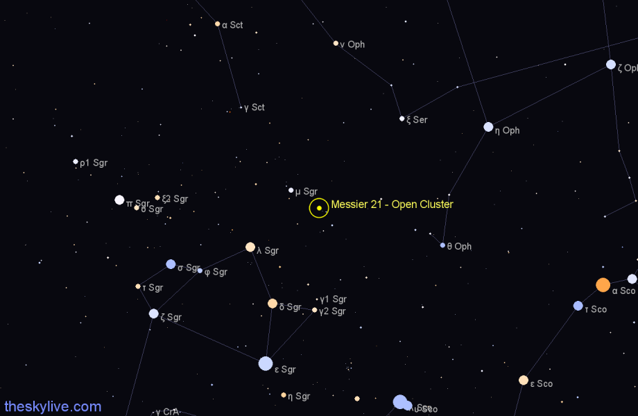 Finder chart Messier 21 - Open Cluster in Sagittarius star