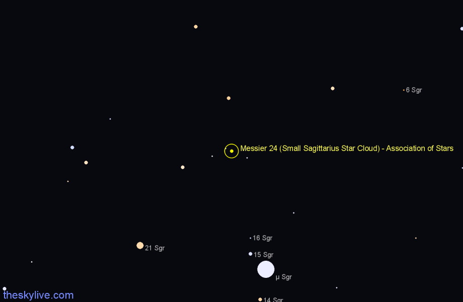 Finder chart Messier 24 (Small Sagittarius Star Cloud) - Association of Stars in Sagittarius star