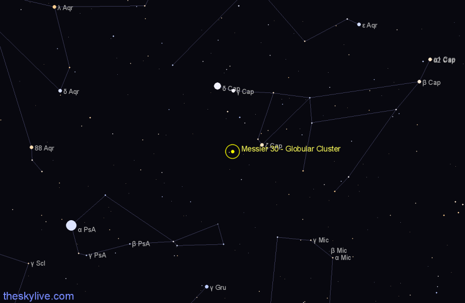 Finder chart Messier 30 - Globular Cluster in Capricornus star