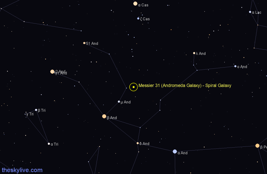 Finder chart Messier 31 (Andromeda Galaxy) - Spiral Galaxy in Andromeda star