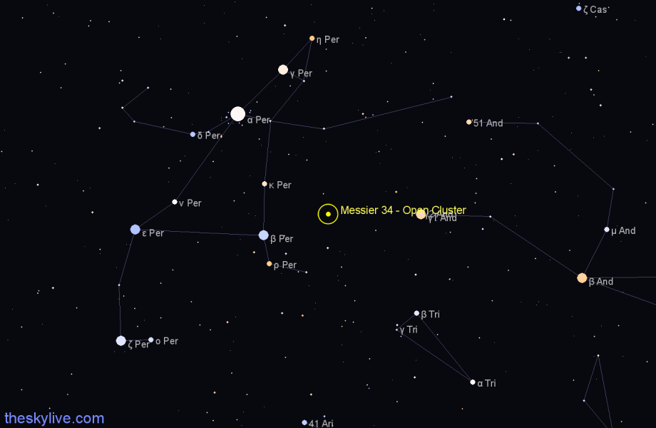 Finder chart Messier 34 - Open Cluster in Perseus star