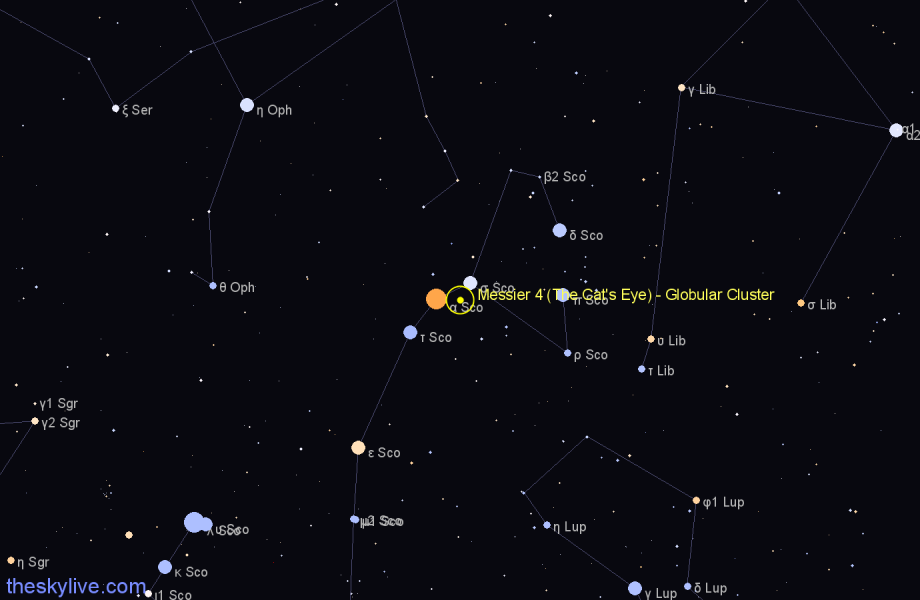 Finder chart Messier 4 (The Cat's Eye) - Globular Cluster in Scorpius star