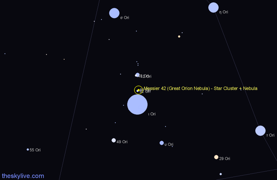 Finder chart Messier 42 (Great Orion Nebula) - Star Cluster + Nebula in Orion star