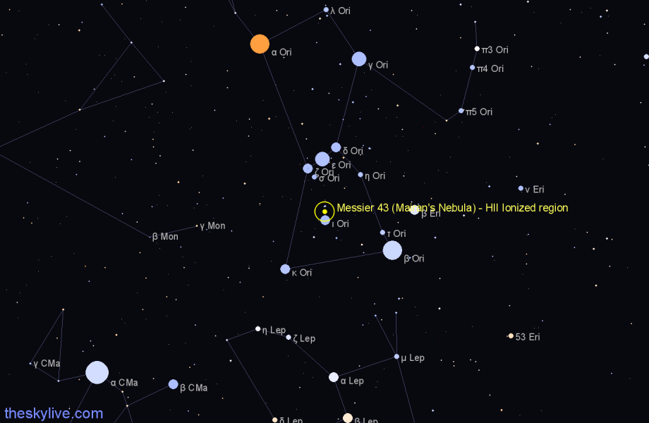 Finder chart Messier 43 (Mairan's Nebula) - HII Ionized region in Orion star