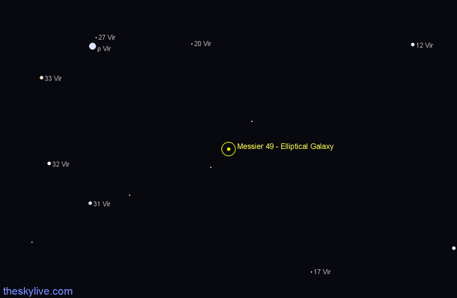 Finder chart Messier 49 - Elliptical Galaxy in Virgo star