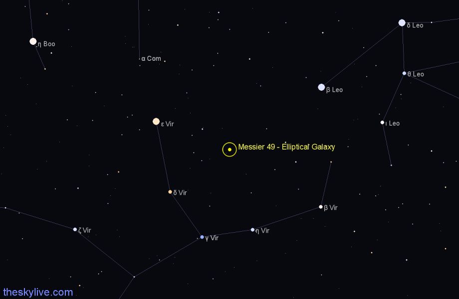 Finder chart Messier 49 - Elliptical Galaxy in Virgo star