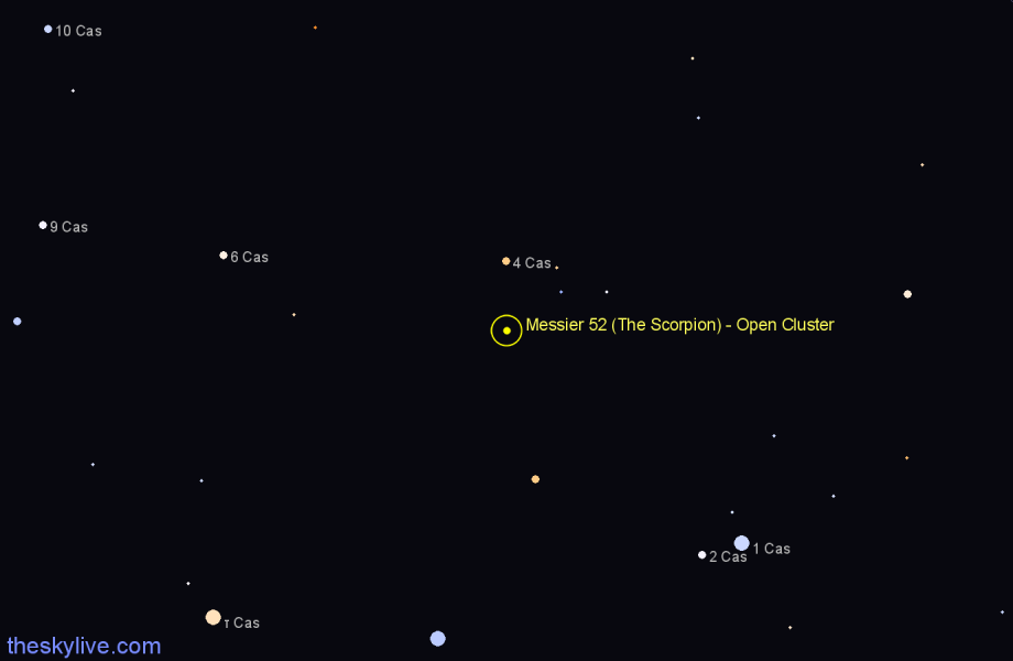 Finder chart Messier 52 (The Scorpion) - Open Cluster in Cassiopeia star