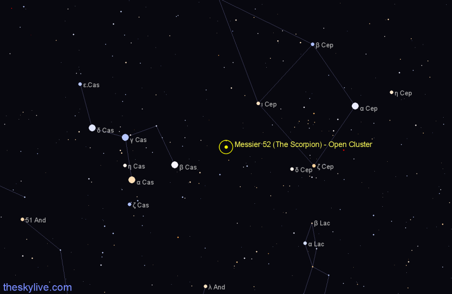 Finder chart Messier 52 (The Scorpion) - Open Cluster in Cassiopeia star