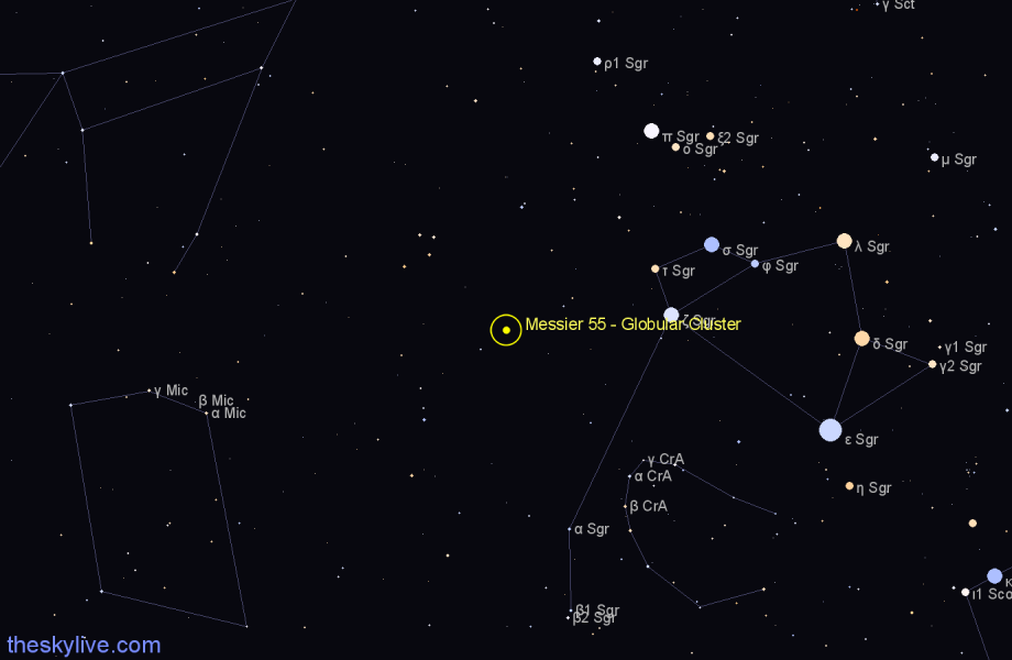 Finder chart Messier 55 - Globular Cluster in Sagittarius star