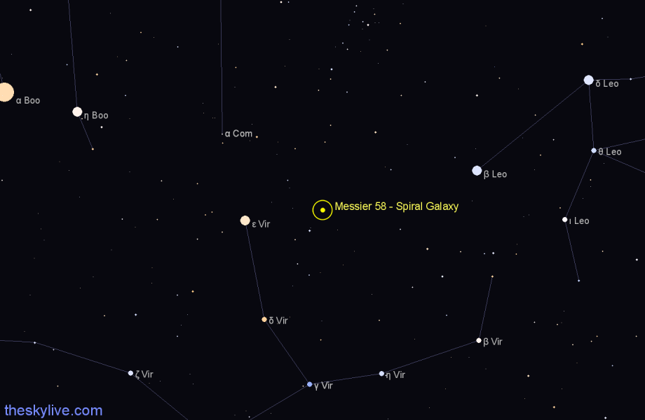 Finder chart Messier 58 - Spiral Galaxy in Virgo star