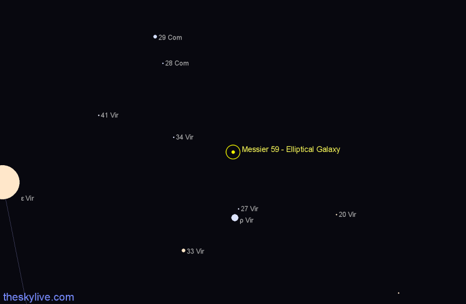 Finder chart Messier 59 - Elliptical Galaxy in Virgo star