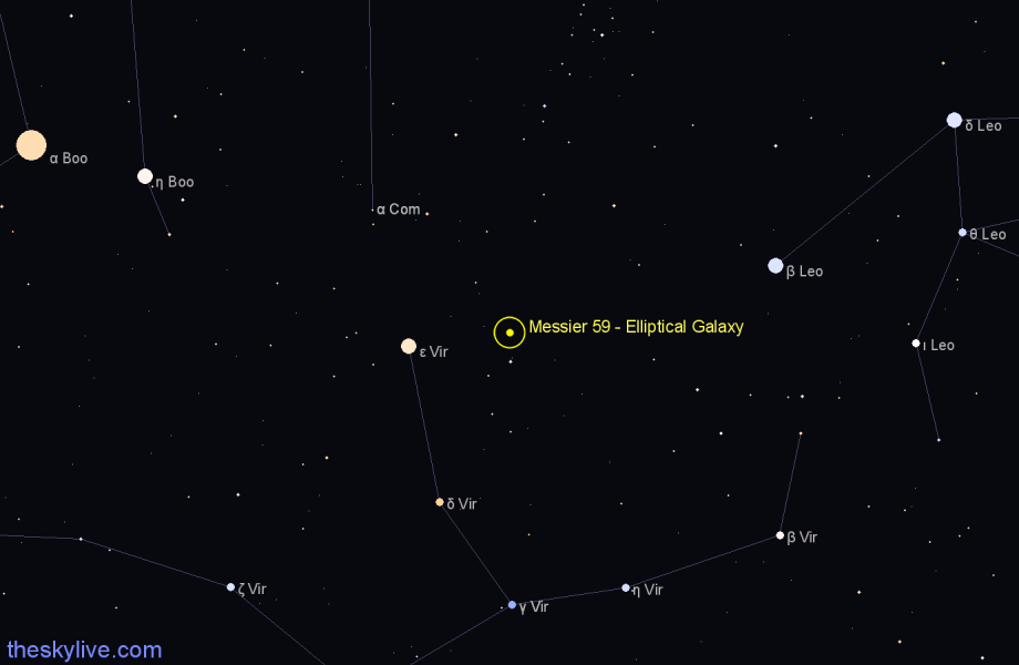 Finder chart Messier 59 - Elliptical Galaxy in Virgo star