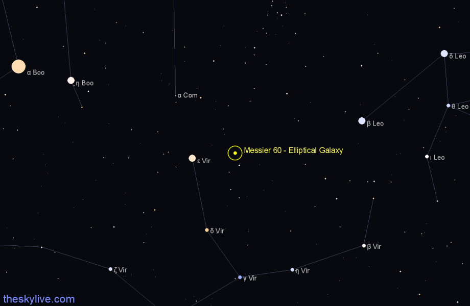 Finder chart Messier 60 - Elliptical Galaxy in Virgo star