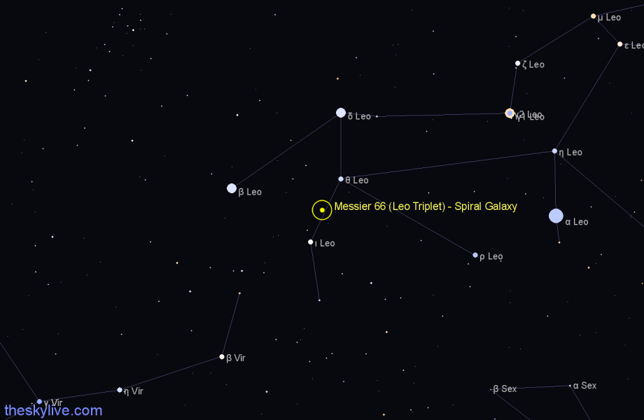Finder chart Messier 66 (Leo Triplet) - Spiral Galaxy in Leo star