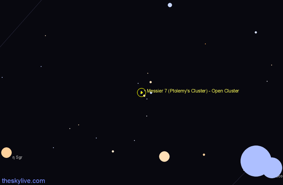 Finder chart Messier 7 (Ptolemy's Cluster) - Open Cluster in Scorpius star