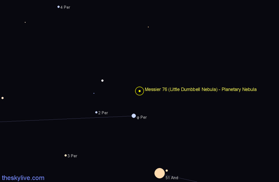 Finder chart Messier 76 (Little Dumbbell Nebula) - Planetary Nebula in Perseus star