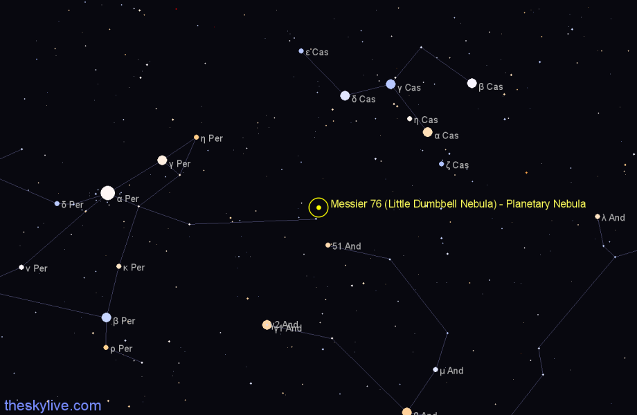 Finder chart Messier 76 (Little Dumbbell Nebula) - Planetary Nebula in Perseus star