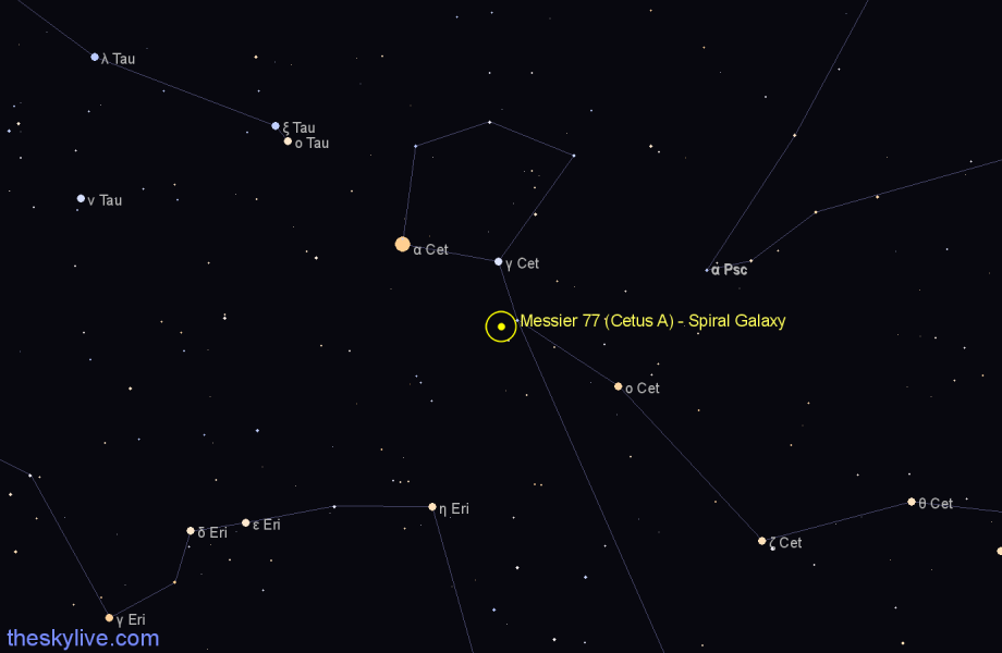Finder chart Messier 77 (Cetus A) - Spiral Galaxy in Cetus star