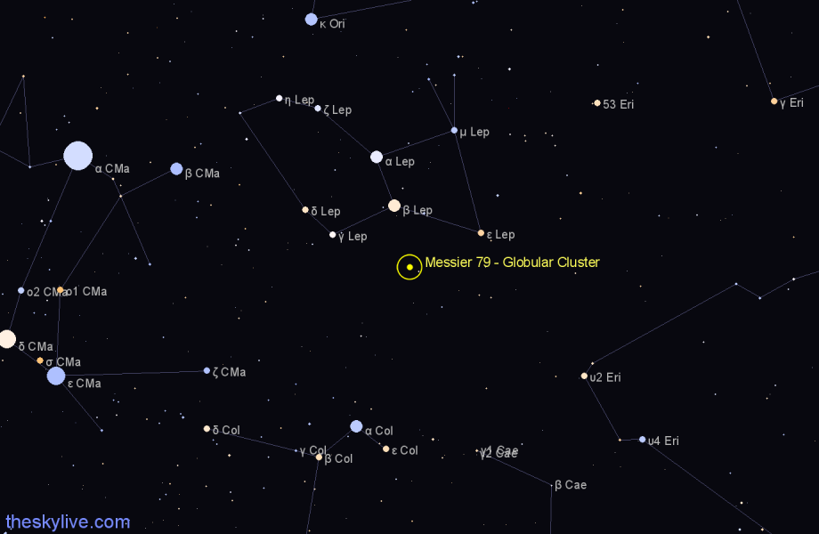 Finder chart Messier 79 - Globular Cluster in Lepus star
