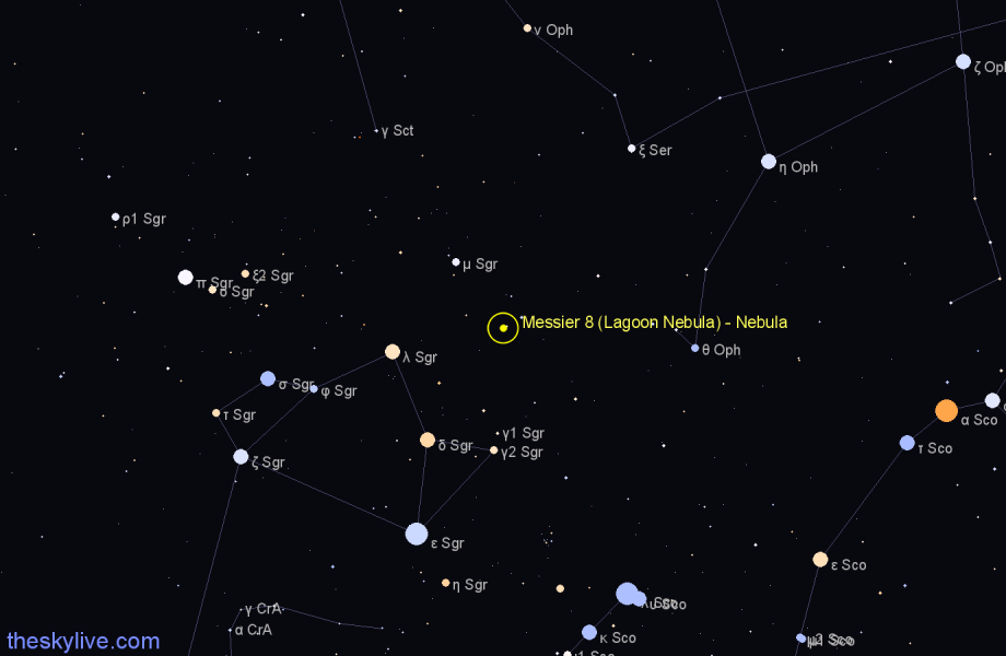 Finder chart Messier 8 (Lagoon Nebula) - Nebula in Sagittarius star