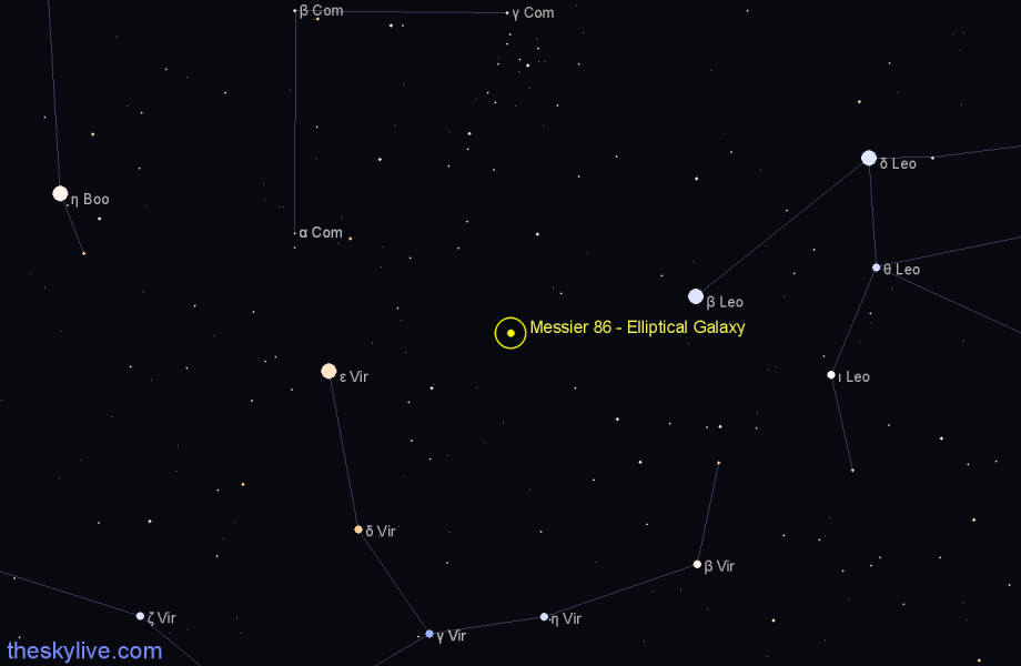 Finder chart Messier 86 - Elliptical Galaxy in Virgo star