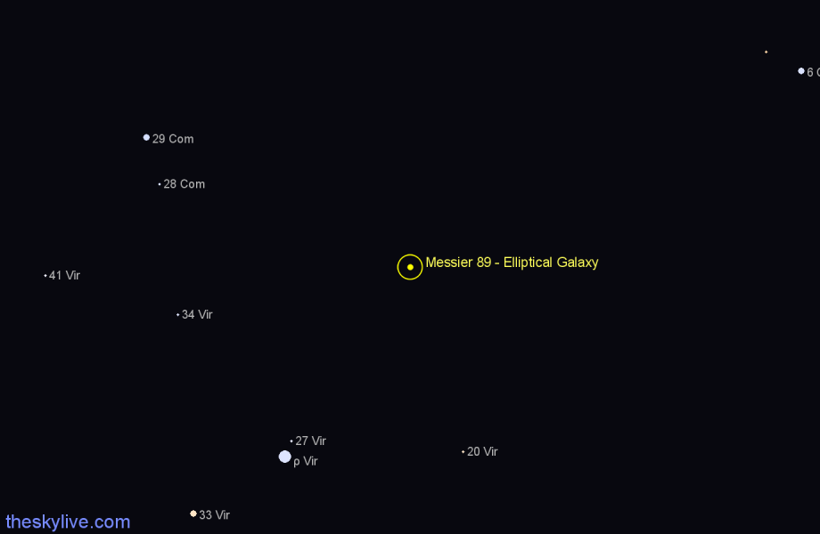 Finder chart Messier 89 - Elliptical Galaxy in Virgo star
