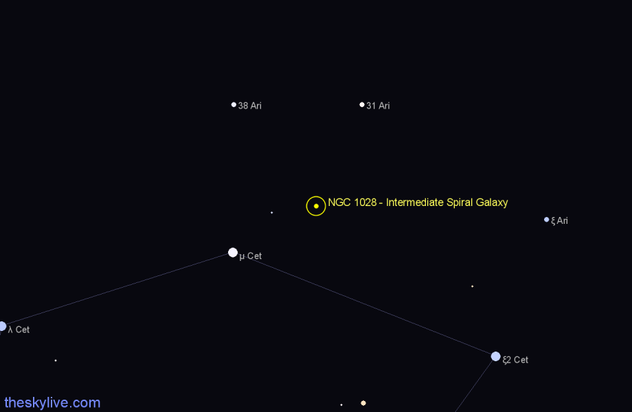 Finder chart NGC 1028 - Intermediate Spiral Galaxy in Aries star