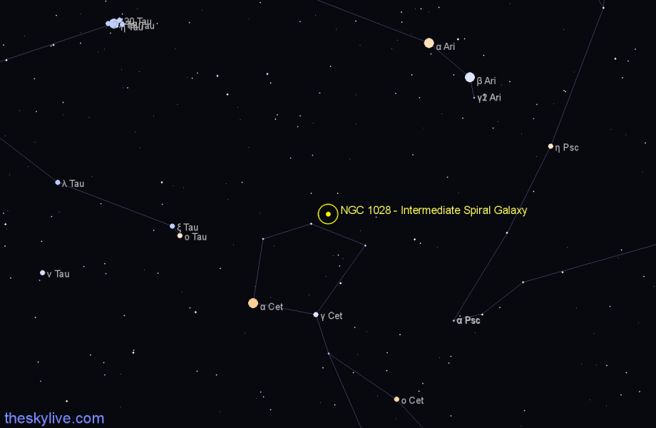 Finder chart NGC 1028 - Intermediate Spiral Galaxy in Aries star