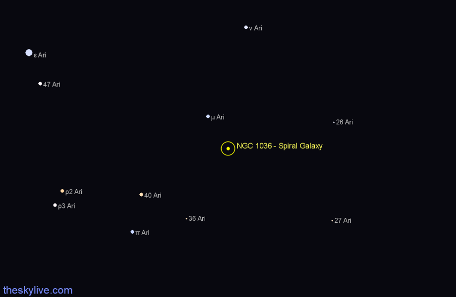 Finder chart NGC 1036 - Spiral Galaxy in Aries star