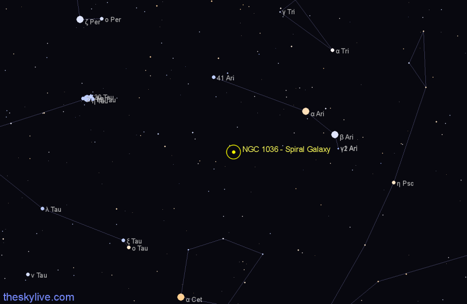 Finder chart NGC 1036 - Spiral Galaxy in Aries star