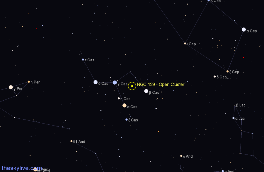 Finder chart NGC 129 - Open Cluster in Cassiopeia star