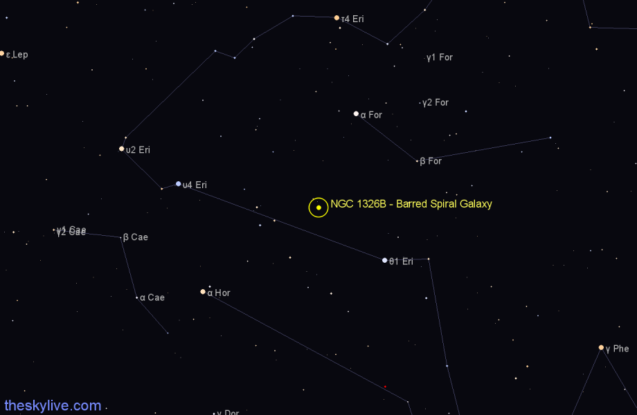 Finder chart NGC 1326B - Barred Spiral Galaxy in Fornax star