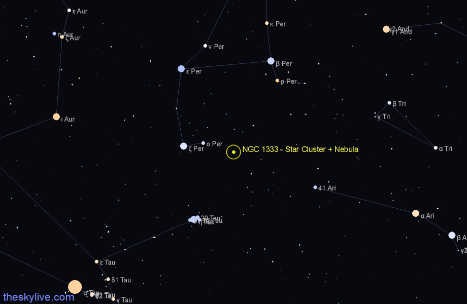 Finder chart NGC 1333 - Star Cluster + Nebula in Perseus star