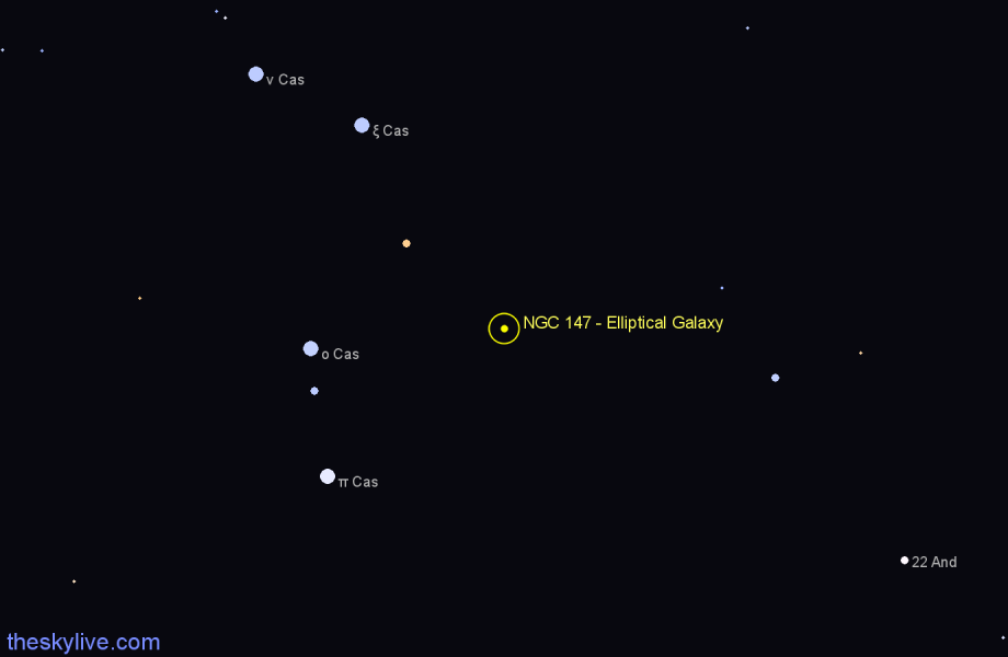 Finder chart NGC 147 - Elliptical Galaxy in Cassiopeia star