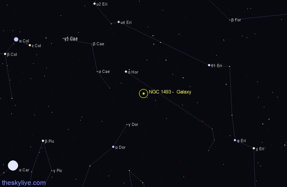 Finder chart NGC 1493 - Galaxy in Horologium star