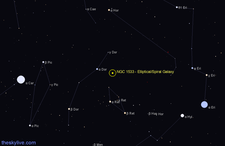 Finder chart NGC 1533 - Elliptical/Spiral Galaxy in Dorado star