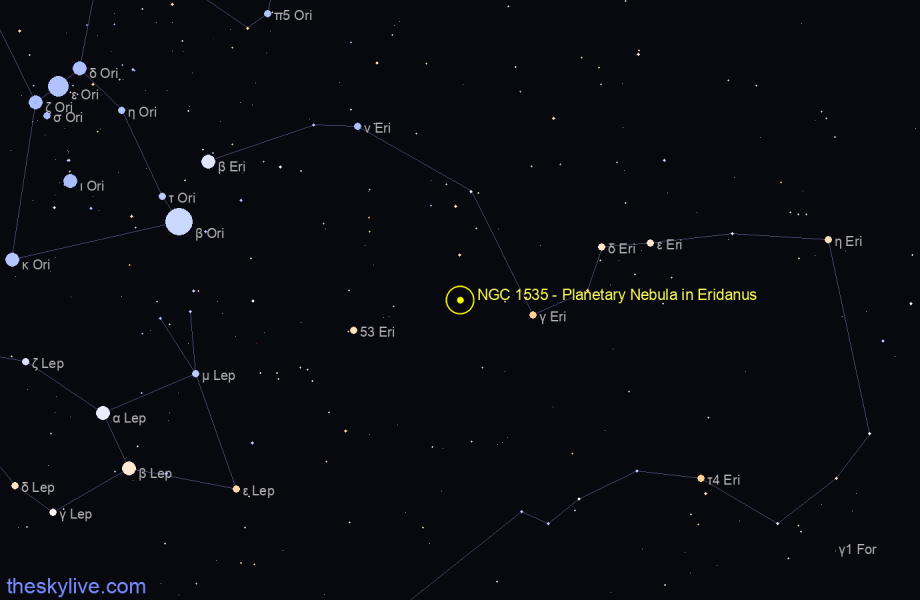 Finder chart NGC 1535 - Planetary Nebula in Eridanus star