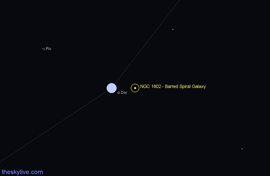 Finder chart NGC 1602 - Barred Spiral Galaxy in Dorado star