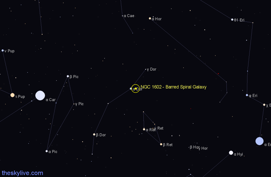 Finder chart NGC 1602 - Barred Spiral Galaxy in Dorado star