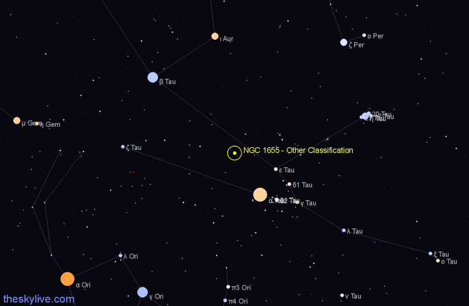 Finder chart NGC 1655 - Other Classification in Taurus star