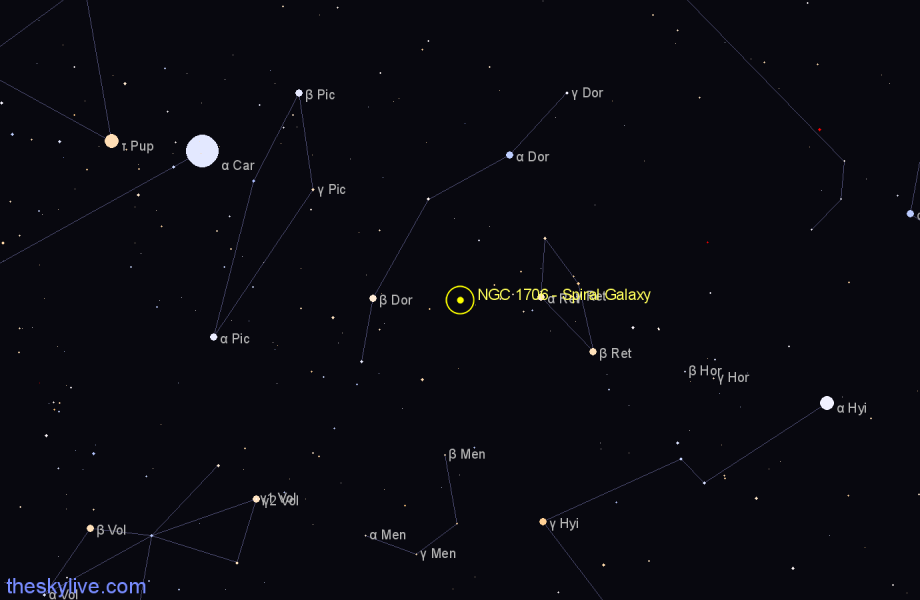 Finder chart NGC 1706 - Spiral Galaxy in Dorado star